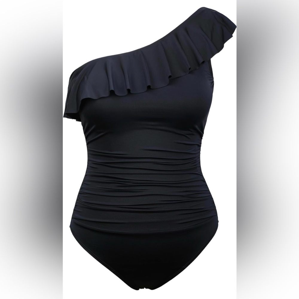 Aqua Eve Black One Piece Swimsuit Plus Size 20W one shoulder ruffle Flattering